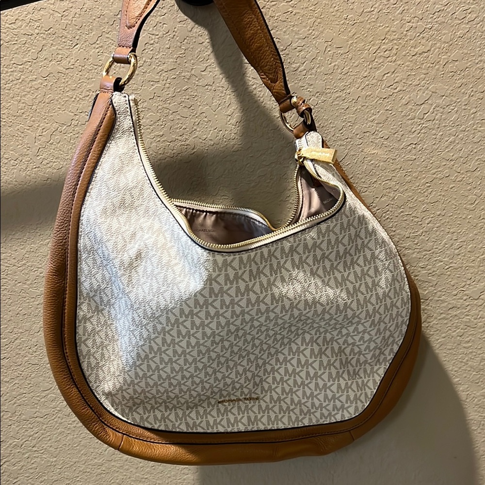 Michael Kors Brown and Cream Hobo Bag with Gold Hardware